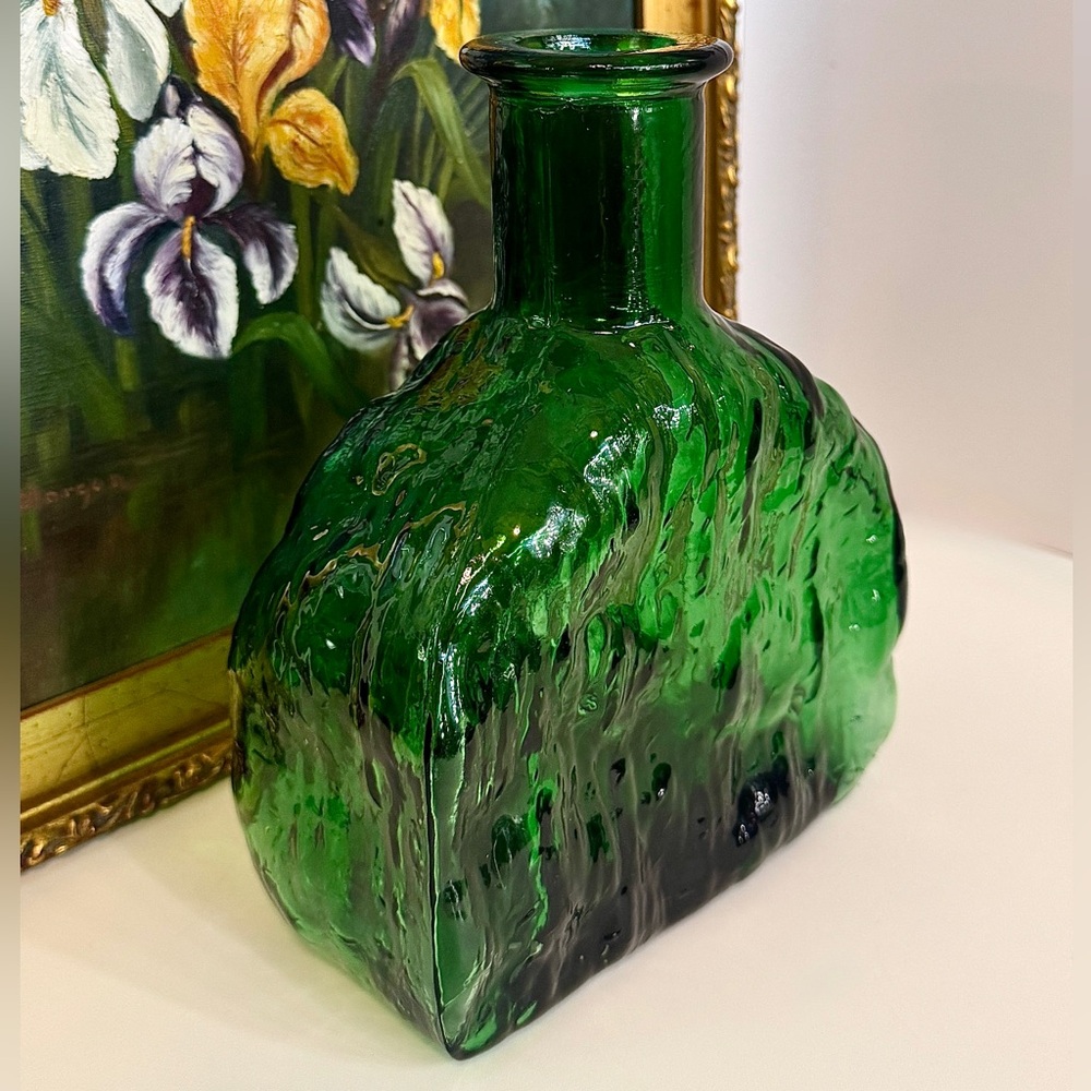 Vintage EMPOLI Forest Green Ripple Bark Glass Water Bottle / Decanter / Vase